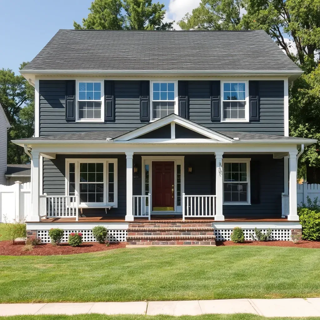Charming Richmond, VA home with navy blue and white exterior paint, lush lawn, brick border, and clear blue sky.