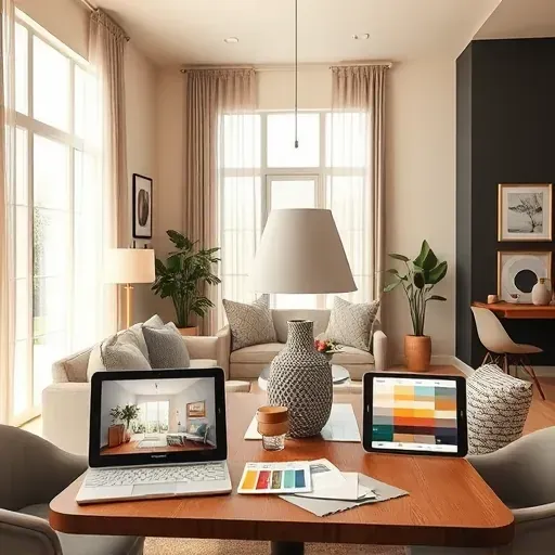 Modern living room with beige and charcoal walls, natural light, stylish furniture, color samples, digital tablets, and tasteful decor