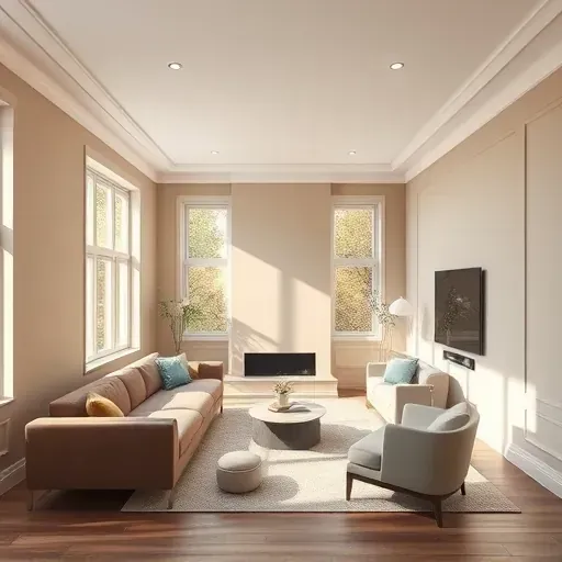 Freshly painted modern living room in Bensley, VA with flawless walls, subtle shadows, and elegant architectural details.