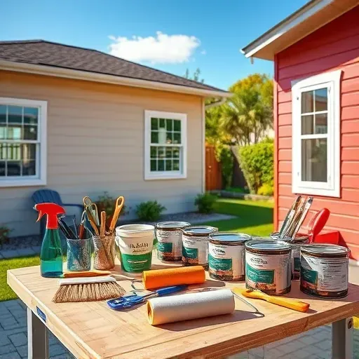 Professional painting contractor's workspace in Mechanicsville, VA, with organized tools, painted home exterior, and lush outdoor scenery.