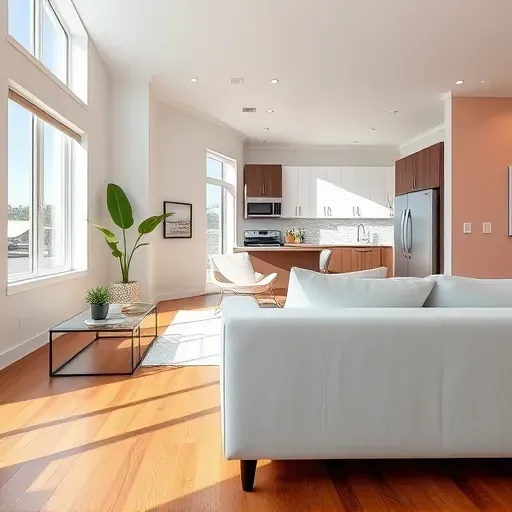 Freshly painted urban living room in Richmond VA with natural light, sleek furniture, and polished hardwood floors.