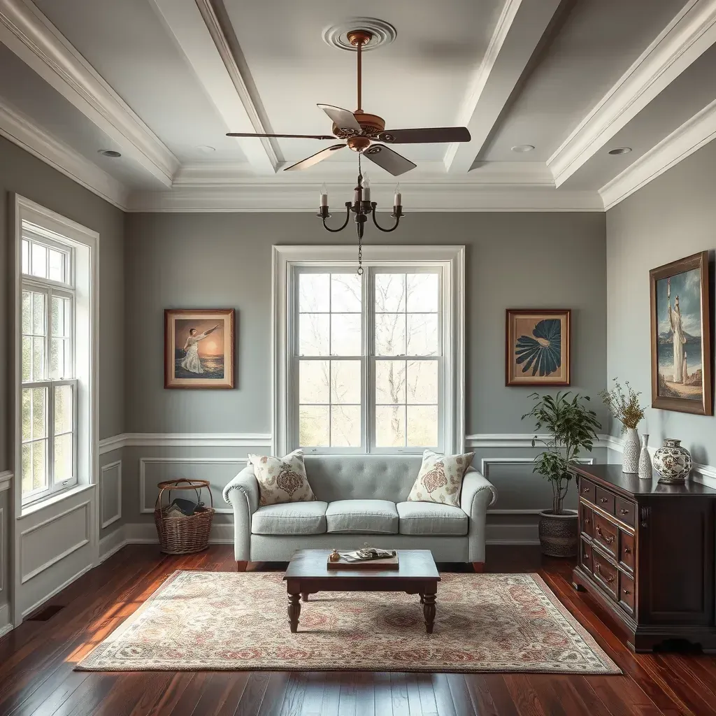 Interior painting scene in Ashland, VA showing a painter working on a living room wall with tools and paint Cans.