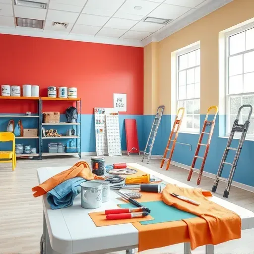 Paint contractor’s workspace in Ashland, VA, showing vibrant walls, professional tools, organized storage, and clean, well-lit environment.