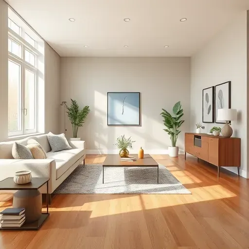 Finished modern living room with neutral-painted walls, natural light, stylish furniture, and polished hardwood floors.