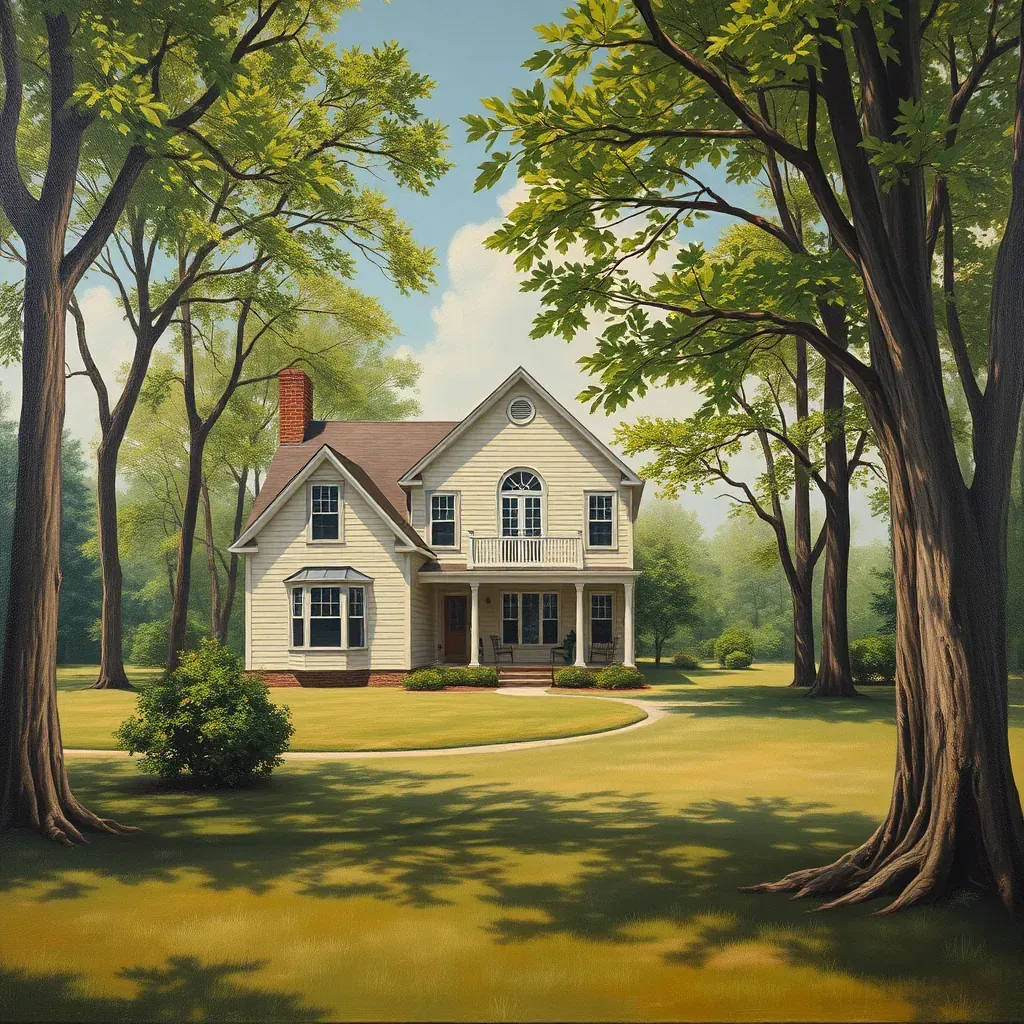 Serene rural scene of Rockwood, VA with winding road, lush trees, farmstead, rolling hills, and bright blue sky.