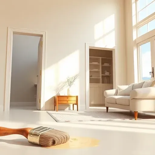 Freshly painted beige interior room with natural light, a paintbrush, can, modern furniture, and organized space in Sandston VA