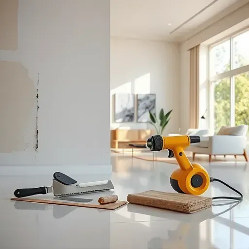 Professional wallpaper removal scene in Richmond VA showing tools, a partially stripped wall, and modern interior.