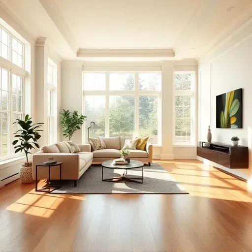 Bright living room in East Highland Park VA with freshly painted warm neutral walls, hardwood floors, elegant moldings, and stylish décor