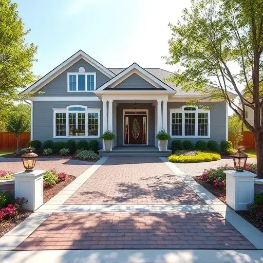 Completed painting project in Petersburg VA featuring a modern gray house with white trim, gardens, and brick driveway.