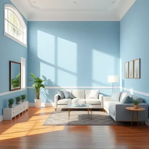 Bright, freshly painted pastel blue living room with white trim, hardwood floors, modern furnishings, and natural light.