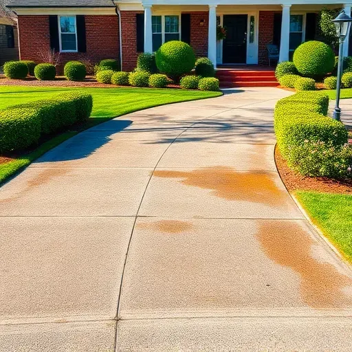 Clean freshly pressure-washed driveway in Richmond Virginia with lush landscaping and a classic brick home