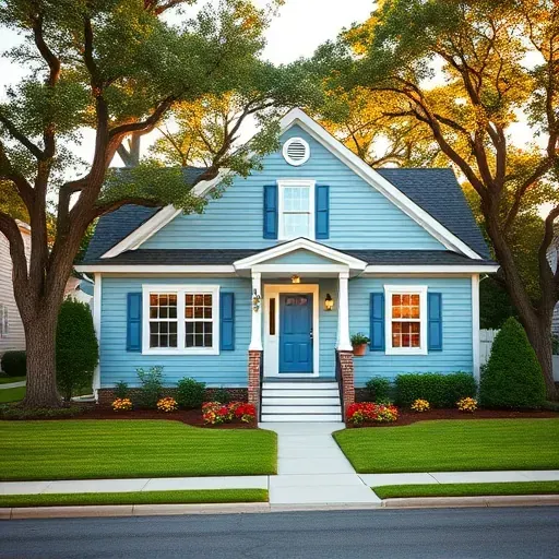 Residential exterior renovation in Montpelier VA with soft blue siding, white trim, and vibrant landscaping in golden hour light.
