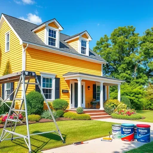 Freshly painted residential home in Montpelier VA with vibrant siding, lush greenery, scaffolding, and painting tools.