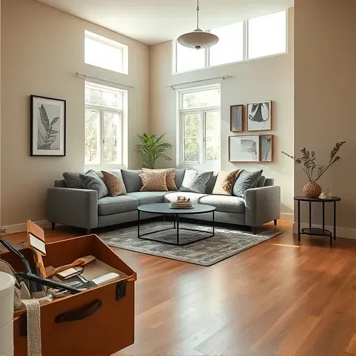 Modern living room in Chesterfield VA after professional painting with beige walls, gray sofa, and natural light.