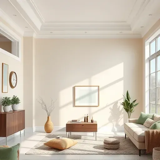 Freshly painted neutral interior wall in modern Rockwood VA living room with crown molding, artwork, and natural light.
