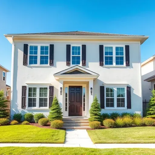 Modern home exterior in Innsbrook, VA, featuring fresh paint, striking door, and lush landscaping under blue sky.