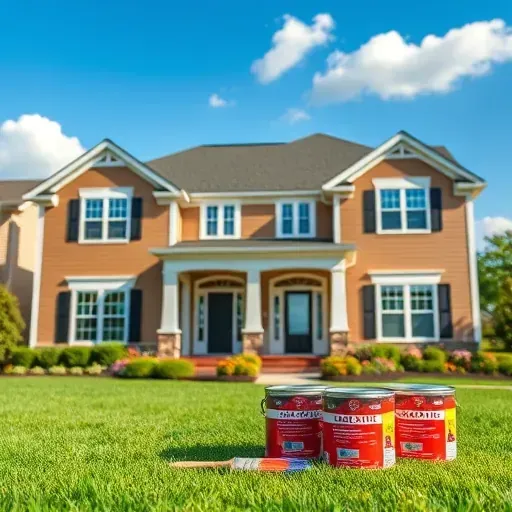 Beautifully painted suburban home in Atlee, VA with earth tones, crisp white trim, vibrant lawn, and paint supplies.