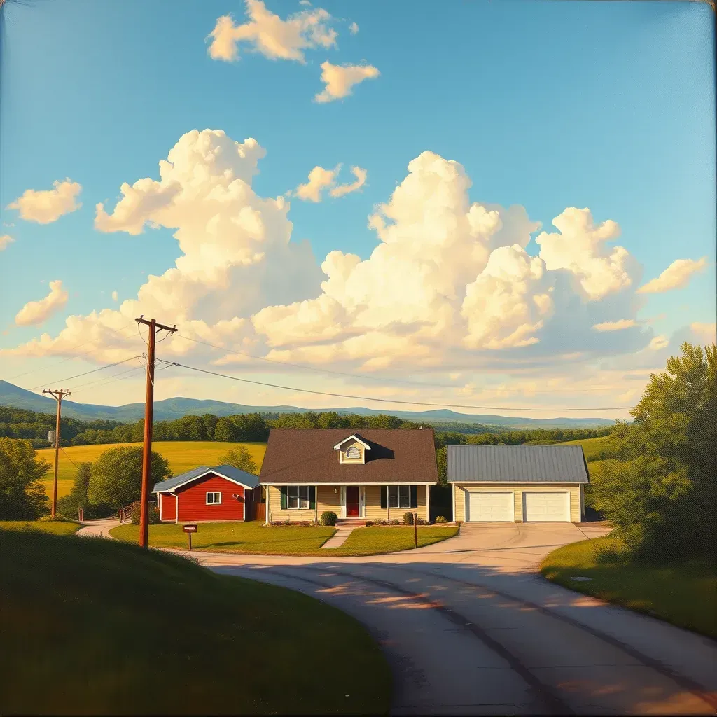 Detailed painting of New Kent, VA’s scenic countryside with rolling hills, historic homes, farms, and tranquil river scenes.