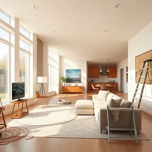 Freshly painted modern living room in Innsbrook, VA with stylish decor, natural light, and professional painting tools.