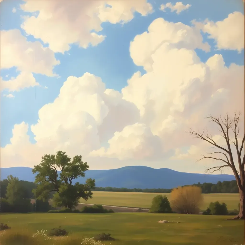 Painting of Colonial Heights, VA streets featuring historic brick buildings, mature trees, and vintage lampposts.