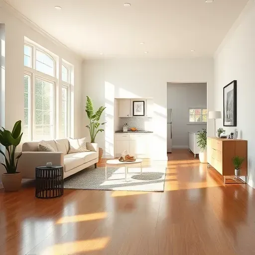 Bright spacious Chester VA living room with neutral walls, hardwood floors, modern furniture, plants, art, and open-plan kitchen