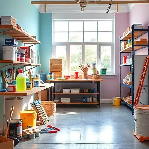 Clean, organized Elmont, VA painting workspace with paints, brushes, rollers, and freshly painted vibrant walls.