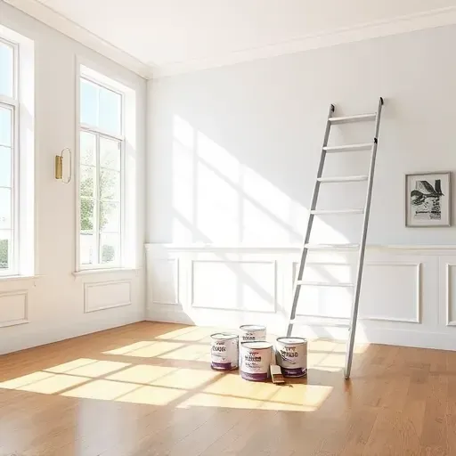Interior of a freshly painted room by a Wyndham VA contractor with white and gray walls, sunlight, and paint supplies.