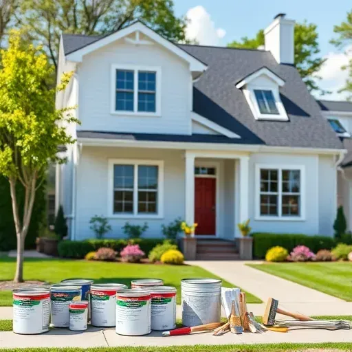 Completed painting project in Highland Springs VA featuring a modern home with fresh exterior paint, tools, and serenity.