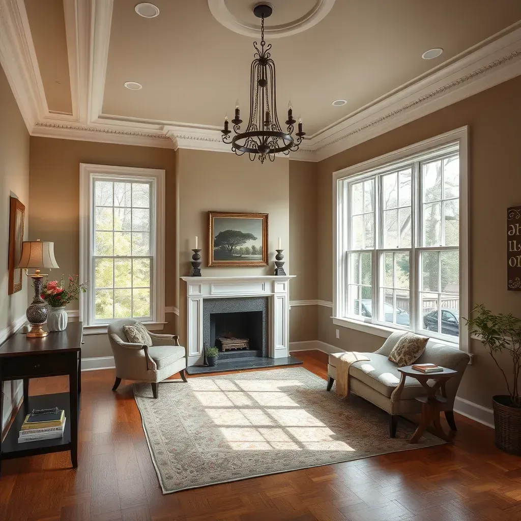 Interior painting scene in Dumbarton, VA, with painter applying fresh paint to a modern living room wall.