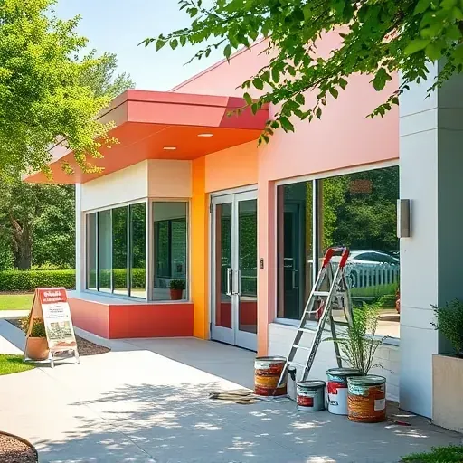 Rockwood VA painting contractor's modern business exterior with vibrant facade, lush greenery, and organized tools.