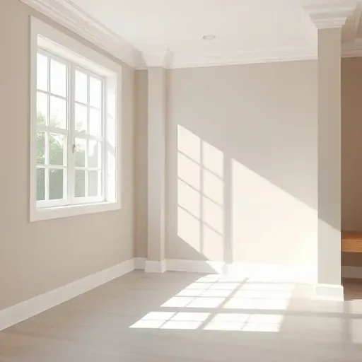 Beautiful freshly painted interior room in Varina VA with soft beige walls, white crown molding, natural sunlight, and modern furniture