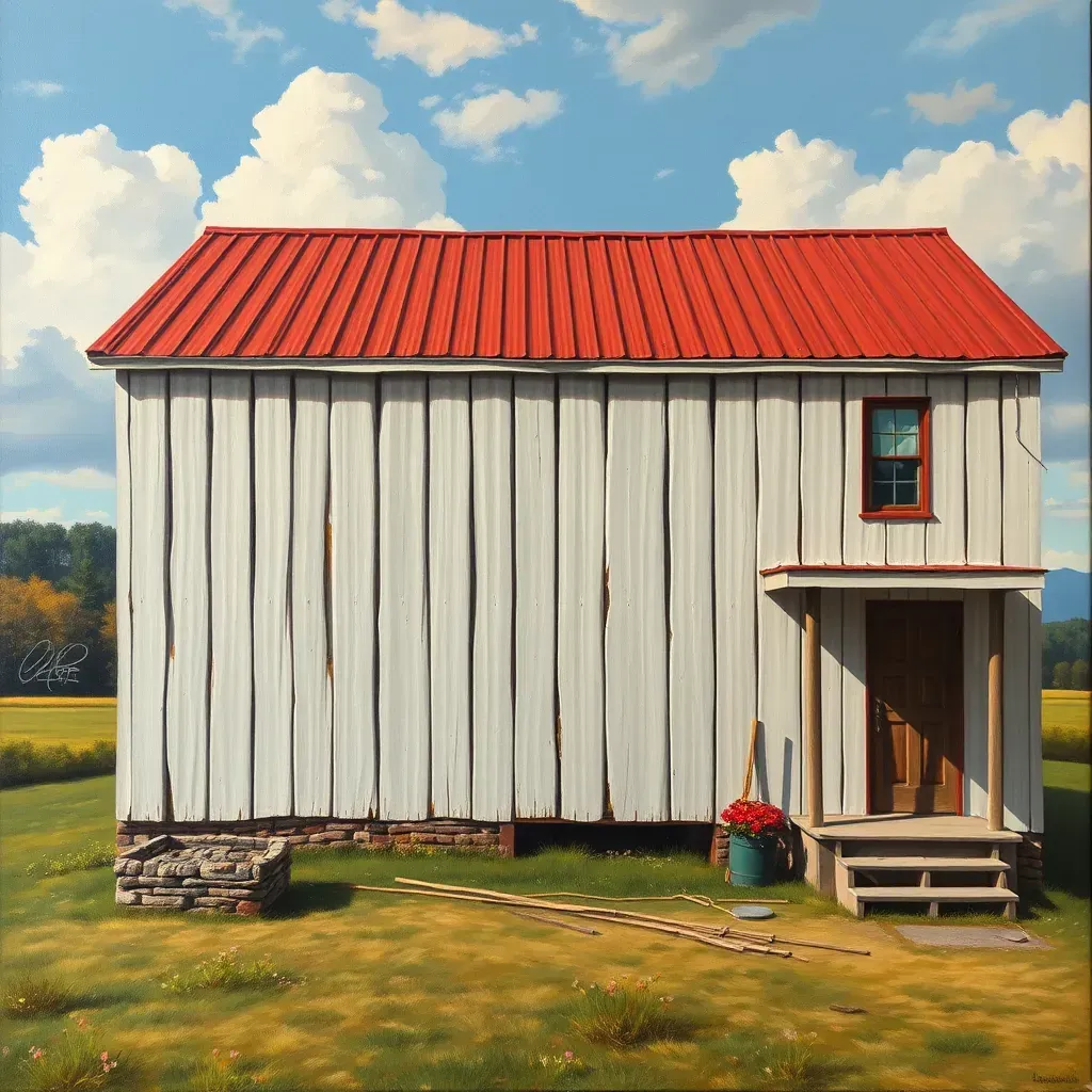 Tranquil Quinton, VA landscape painting featuring a barn, wildflowers, dirt road, oak trees, and sunset sky.