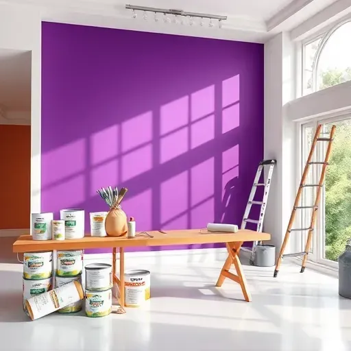 Painting contractor's workspace in Sandston VA with freshly painted walls, organized tools, and vibrant colors.