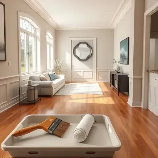 Neatly painted interior room in Chesterfield VA with neutral tones, crown molding, polished hardwood, and organized painting tools
