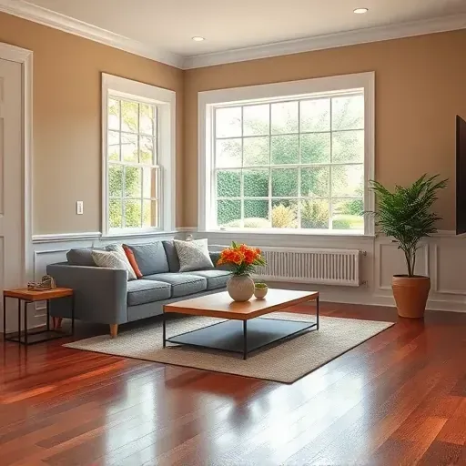 Freshly painted modern living room in Petersburg VA with warm beige walls and stylish grey sofa, showcasing elegant decor.
