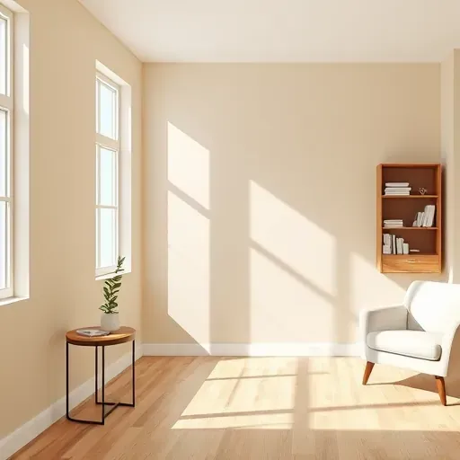 Freshly painted beige interior wall in a sunny modern living room with minimal decor, wooden floor and cozy armchair