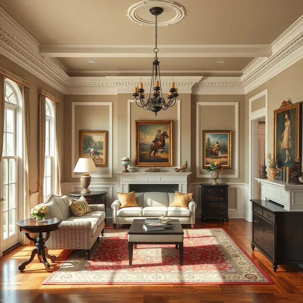 Interior painting scene in Goochland, VA featuring a freshly painted taupe wall, ladder, paint supplies, and stylish decor.