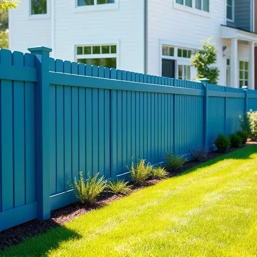 Recently painted vibrant blue wooden fence in Richmond VA with lush landscaped yard, modern house, and natural sunlight