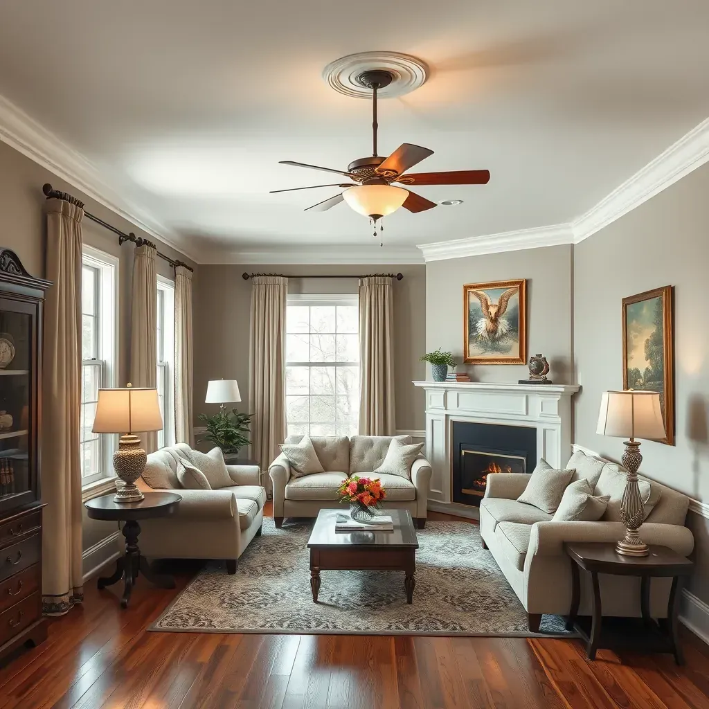 Bright living room in Tuckahoe, VA with freshly painted neutral walls, natural sunlight, and painting supplies near a ladder.
