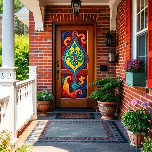 Colorful detailed door painting on a charming brick home in Richmond VA with porch plants and lush garden