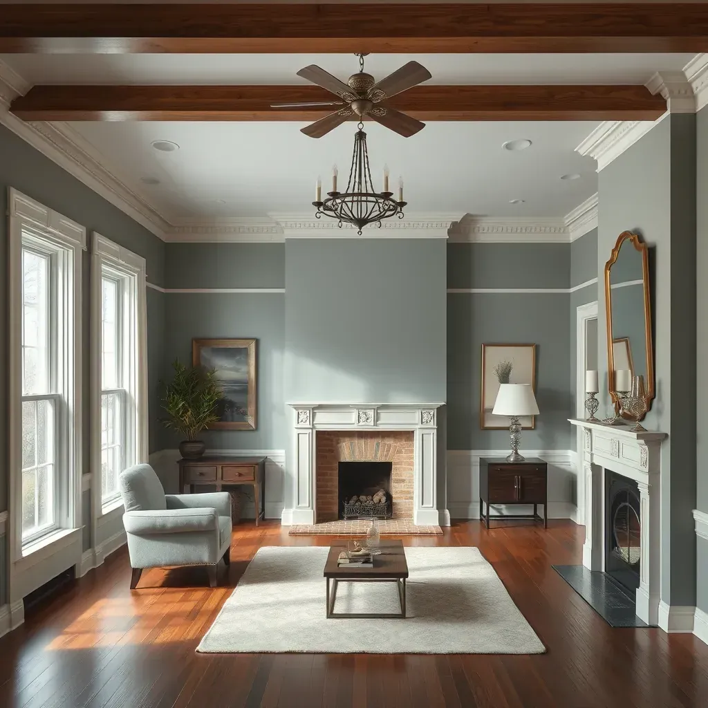 Interior of a New Kent, VA home with warm-colored walls, natural light, modern decor, sleek furniture, and tasteful artwork.