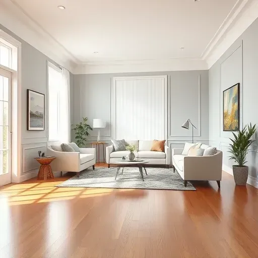 Freshly painted light-gray living room in Petersburg VA with white crown molding, hardwood floors, large windows, and modern decor