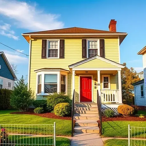 Freshly painted two-story home in Dumbarton VA with vibrant colors, manicured lawn, flowers, and a blue sky.