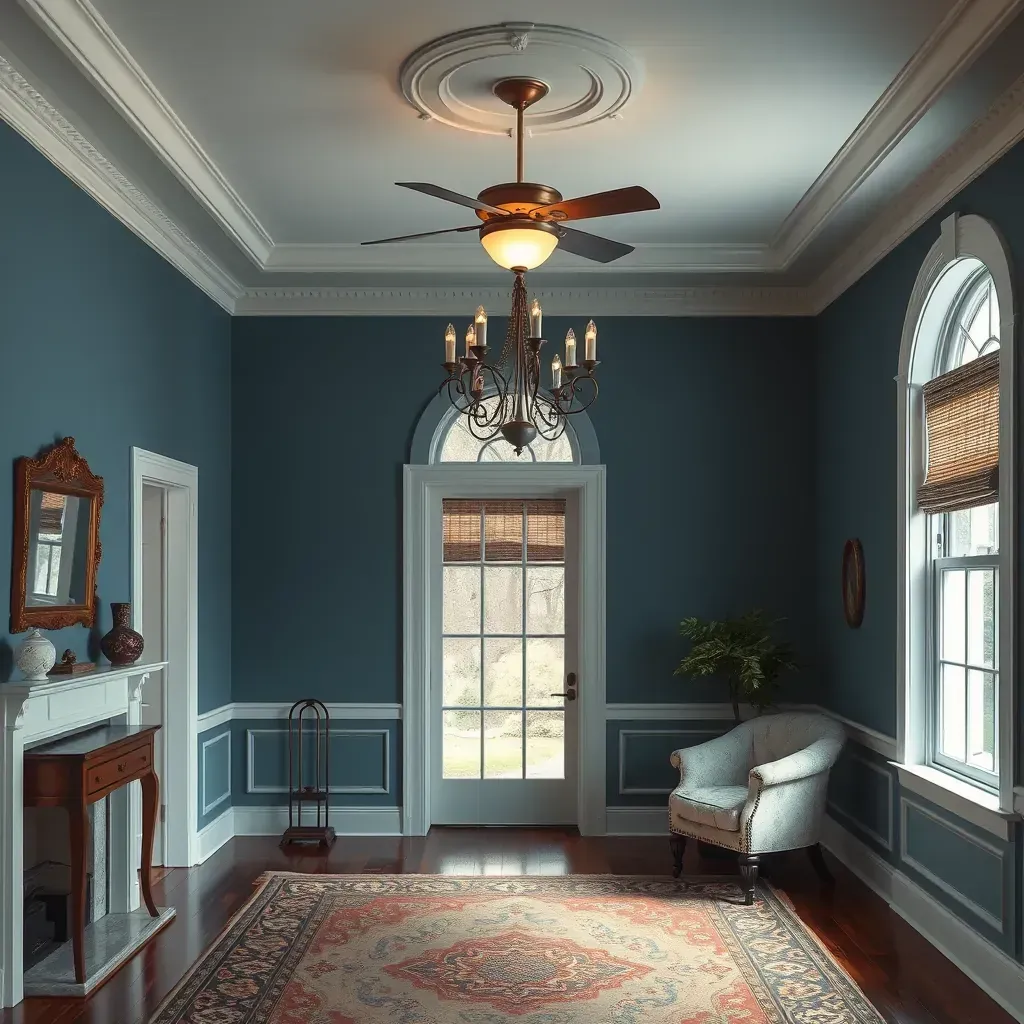 Spacious Tuckahoe living room with warm painted walls, white crown molding, polished hardwood floors, and painting supplies.