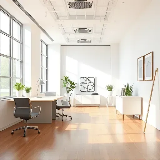 Freshly painted modern office interior in Richmond VA with smooth walls, natural light, sleek furniture, and polished hardwood floors