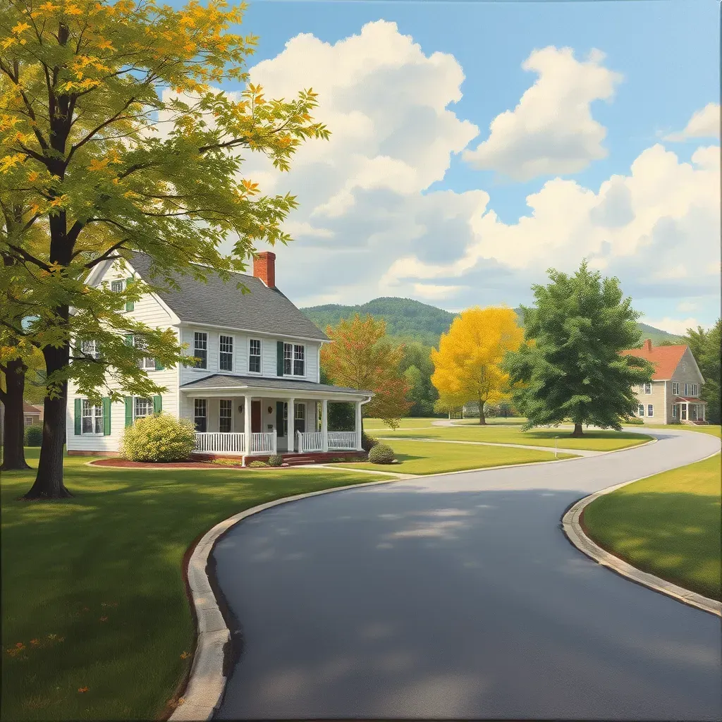 A detailed scene of Short Pump, VA, showcasing vibrant shops, tree-lined streets, and historic architecture.