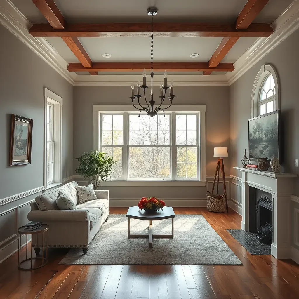 Interior living room with freshly painted beige walls, natural light, modern decor, and paint supplies in Richmond, VA.