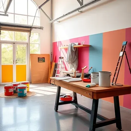 Professional painting workspace in Bellwood, VA featuring organized tools, vibrant painted walls, and bright natural lighting.
