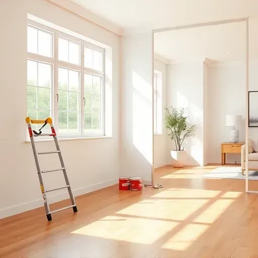 Freshly painted interior room in Wyndham VA with soft walls, natural light, polished hardwood floors, and professional painting tools