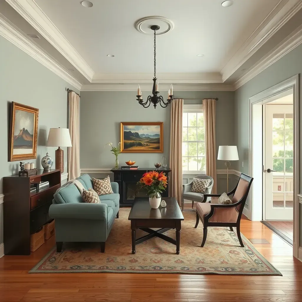 Sunlit New Kent, VA living room with beige walls, white crown molding, cozy sofa, glass coffee table, and vibrant rug.